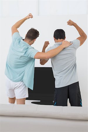 sports fan watching a game on tv - Rear view of two excited soccer fans watching tv Stock Photo - Budget Royalty-Free & Subscription, Code: 400-07750630