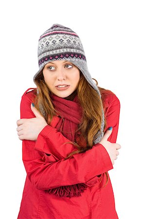 red scarf woman - Cold redhead wearing coat and hat on white background Stock Photo - Budget Royalty-Free & Subscription, Code: 400-07752866