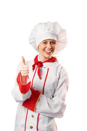Pretty chef showing thumbs up on white background Stock Photo - Budget Royalty-Free & Subscription, Code: 400-07752878