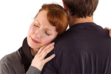 simsearch:400-07833287,k - Scared woman holding onto man on white background Fotografie stock - Microstock e Abbonamento, Codice: 400-07753561