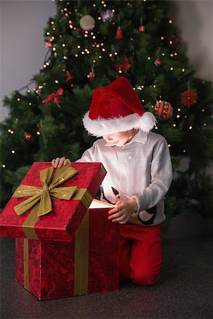 Child opening his christmas present with tree behind him Stock Photo - Budget Royalty-Free & Subscription, Code: 400-07753751