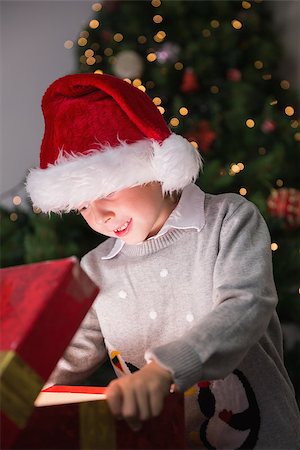 Child opening his christmas present with tree behind him Stock Photo - Budget Royalty-Free & Subscription, Code: 400-07753752