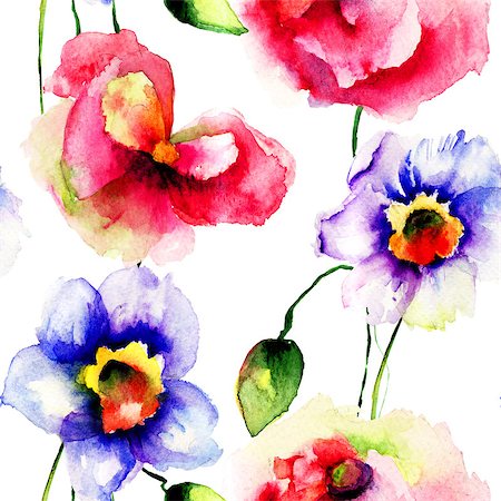 simsearch:400-07245386,k - Seamless wallpaper with Narcissus and Poppy flowers. Watercolor illustration Stockbilder - Microstock & Abonnement, Bildnummer: 400-07769886