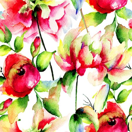 seamless summer backgrounds - Seamless pattern with Roses and Peony flowers, Watercolor painting Stock Photo - Budget Royalty-Free & Subscription, Code: 400-07769883