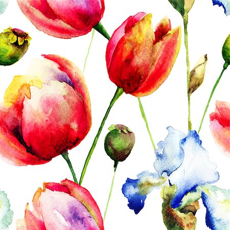 simsearch:400-07291175,k - Seamless pattern with Iris and Tulips flowers, watercolor illustration Foto de stock - Super Valor sin royalties y Suscripción, Código: 400-07769906