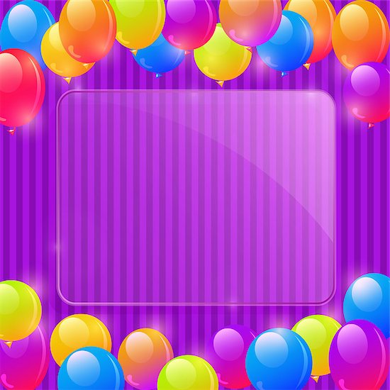 Purple Glass Frame on Stripe Pattern with Copy Space and Bright Balloons. Vector Illustration. Stock Photo - Royalty-Free, Artist: nikifiva, Image code: 400-07760007