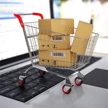 simsearch:400-04763487,k - E-commerce. Shopping cart with cardboard boxes on laptop. 3d Foto de stock - Royalty-Free Super Valor e Assinatura, Número: 400-07774101