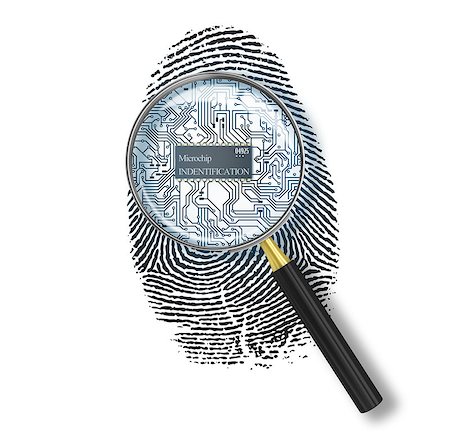 simsearch:400-04916699,k - Identification concept. Magnifying glass over finger print with microchip on white background Photographie de stock - Aubaine LD & Abonnement, Code: 400-07774229