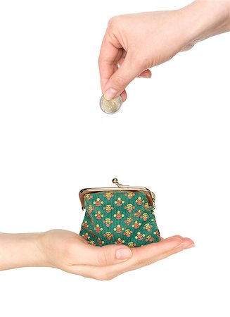 simsearch:614-00593839,k - purse in hand and hand put coin in it isolated on white Stock Photo - Budget Royalty-Free & Subscription, Code: 400-07774424
