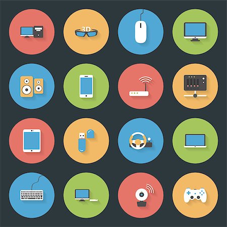 simsearch:400-07221808,k - Computers, peripherals and network devices flat icons set design vector graphic illustration Photographie de stock - Aubaine LD & Abonnement, Code: 400-07774534