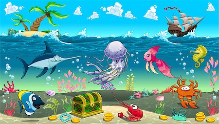 simsearch:400-07632250,k - Funny scene under the sea. Vector cartoon illustration Stock Photo - Budget Royalty-Free & Subscription, Code: 400-07775311