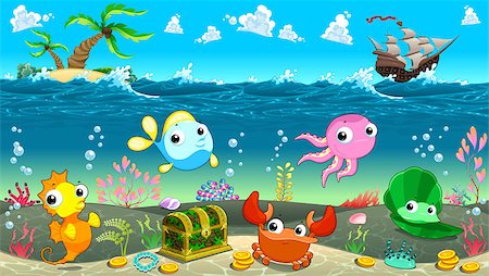 simsearch:400-07632250,k - Funny scene under the sea. Vector cartoon illustration Stock Photo - Budget Royalty-Free & Subscription, Code: 400-07775466