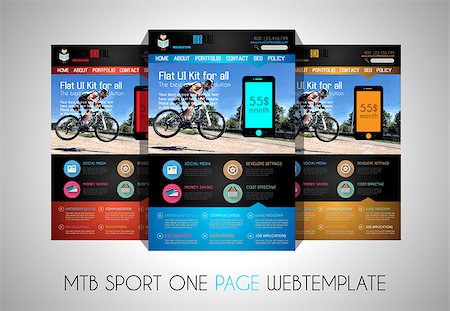 One page SPORT website flat UI design template. It include a lot of flat stlyle icons, forms, header, footeer, menu, banner and spaces for pictures and icons all in one page. Foto de stock - Super Valor sin royalties y Suscripción, Código: 400-07775895
