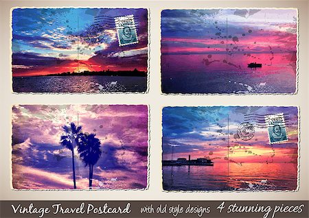 Set of 4 Stunning Vintage Postcard with old style look and ruined details like water drops and straps Stock Photo - Budget Royalty-Free & Subscription, Code: 400-07775914