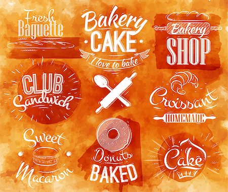Bakery characters in retro style lettering donuts, croissants, macaron, stylized in retro in watercolor background Stock Photo - Budget Royalty-Free & Subscription, Code: 400-07776328
