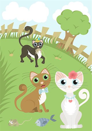 simsearch:400-09089375,k - Beautiful cat and her admirers which are in love and cats rivals give gifts. Cute romantic card and rural landscape. Vector illustration Fotografie stock - Microstock e Abbonamento, Codice: 400-07776489