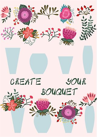 Create your bouquet. Flowers and branches and vases set for your ideas. Collection for your creativity. Vector illustration Stock Photo - Budget Royalty-Free & Subscription, Code: 400-07776492