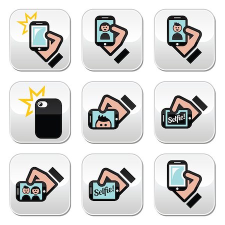 Vector buttons set of people taking selfies with mobile or cell phones, isolated on white Stock Photo - Budget Royalty-Free & Subscription, Code: 400-07776647