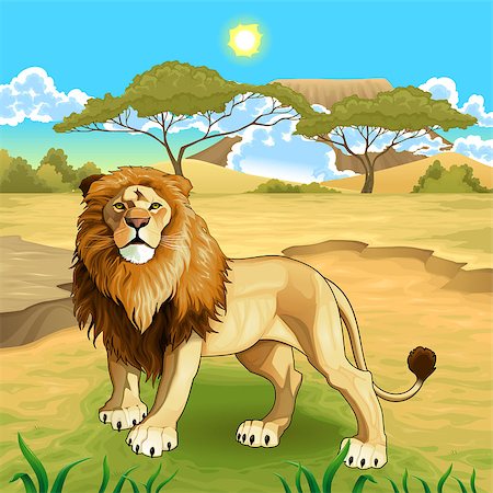 African landscape with lion king. Vector illustration. Fotografie stock - Microstock e Abbonamento, Codice: 400-07776763
