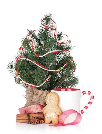 Christmas mulled wine with fir tree, gingerbread and decor. Isolated on white background Stock Photo - Budget Royalty-Free & Subscription, Code: 400-07777017