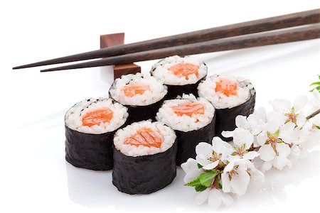 simsearch:400-08072780,k - Sushi maki set and sakura branch. Isolated on white background Photographie de stock - Aubaine LD & Abonnement, Code: 400-07777059