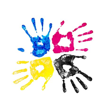 simsearch:400-03986982,k - handprints yellow, blue, pink and black on an isolated white background Photographie de stock - Aubaine LD & Abonnement, Code: 400-07779513
