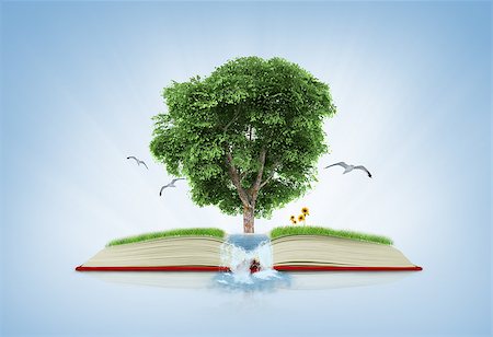 book of nature with grass and tree growth on it over white blue background Stock Photo - Budget Royalty-Free & Subscription, Code: 400-07779585