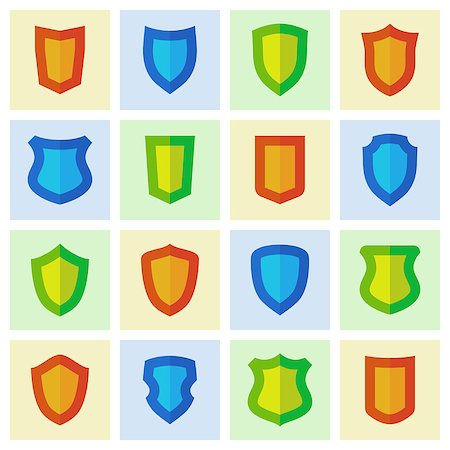 Set of different shield shapes icons, blue, red and green color. Vector illustration Stock Photo - Budget Royalty-Free & Subscription, Code: 400-07779710
