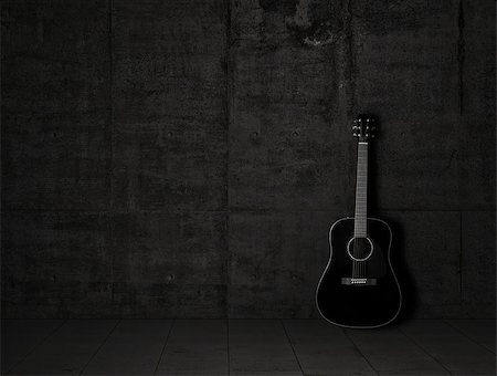 shadow acoustic guitar - An wooden acoustic guitar is against a grunge textured wall. The room is dark with a spotlight for your copyspace. Use it for a music or concert concept. Stock Photo - Budget Royalty-Free & Subscription, Code: 400-07770120
