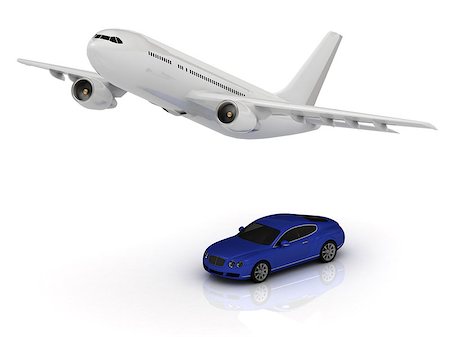 Passenger airliner and blue car. Top view isolated on white Stock Photo - Budget Royalty-Free & Subscription, Code: 400-07771307