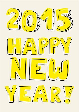 Happy New Year 2015 hand drawn vector wishes. Doodle sign or number symbol draft with yellow highlighter. Highlighting message isolated on beige background color. Stock Photo - Budget Royalty-Free & Subscription, Code: 400-07780045