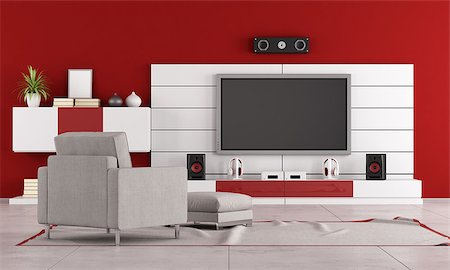 simsearch:400-06396170,k - Red living room with TV stand,speaker and armchair -rendering Photographie de stock - Aubaine LD & Abonnement, Code: 400-07794349