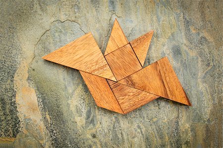 simsearch:400-07774007,k - abstract picture of a flying bat built from seven tangram wooden pieces over a slate rock background, Halloween concept, artwork created by the photographer Foto de stock - Royalty-Free Super Valor e Assinatura, Número: 400-07795017