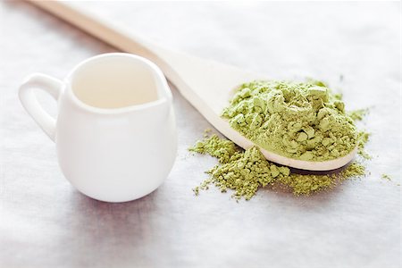 Powdered green tea ingredient and fresh milk, stock photo Stockbilder - Microstock & Abonnement, Bildnummer: 400-07795085