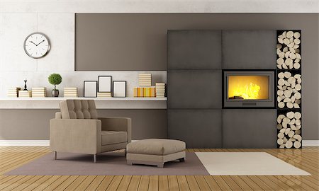 simsearch:400-06396170,k - Modern lounge with fireplace and armchair on carpet Photographie de stock - Aubaine LD & Abonnement, Code: 400-07795110