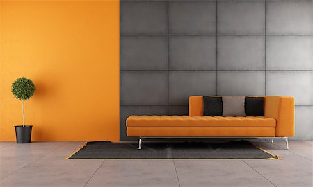 simsearch:400-06396170,k - Black and orange living room with contemporary sofa Photographie de stock - Aubaine LD & Abonnement, Code: 400-07795112
