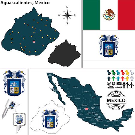 simsearch:400-07955308,k - Vector map of state Aguascalientes with coat of arms and location on Mexico map Stock Photo - Budget Royalty-Free & Subscription, Code: 400-07795462