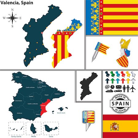 Vector map of region of Valencia with coat of arms and location on Spanish map Photographie de stock - Aubaine LD & Abonnement, Code: 400-07795479