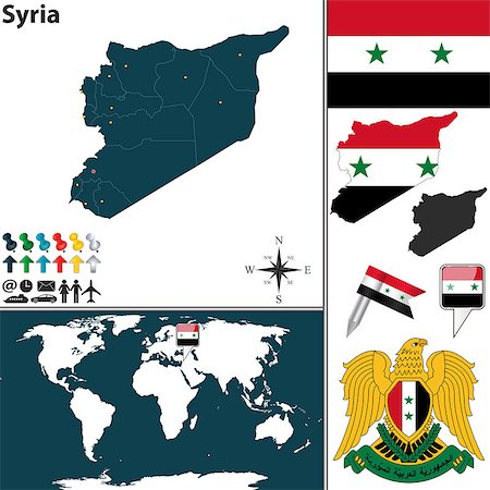 simsearch:400-06867947,k - Vector map of Syria with regions, coat of arms and location on world map Photographie de stock - Aubaine LD & Abonnement, Code: 400-07795485