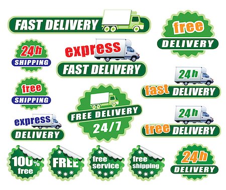 simsearch:400-04217518,k - Set of green delivery signs with trucks and labels Foto de stock - Royalty-Free Super Valor e Assinatura, Número: 400-07795574