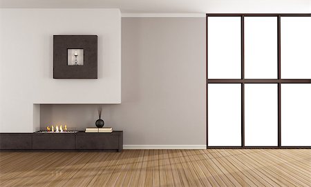 simsearch:400-06797947,k - Empty room with minimalist fireplace and window Stock Photo - Budget Royalty-Free & Subscription, Code: 400-07795605
