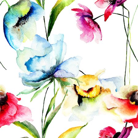 simsearch:400-07444676,k - Seamless pattern with Decorative summer flowers, watercolor illustration Photographie de stock - Aubaine LD & Abonnement, Code: 400-07795777