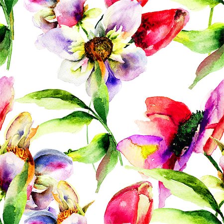 simsearch:400-07444676,k - Seamless pattern with Gerber and Tulips flowers, Watercolor painting Photographie de stock - Aubaine LD & Abonnement, Code: 400-07795778