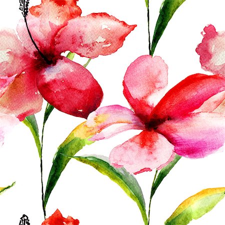 simsearch:400-07291175,k - Seamless wallpaper with Lily flowers, watercolor illustration Foto de stock - Super Valor sin royalties y Suscripción, Código: 400-07795802