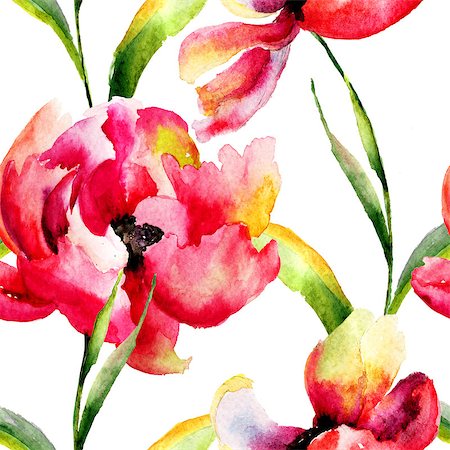 simsearch:400-07444676,k - Seamless wallpaper with red flowers, watercolor illustration Photographie de stock - Aubaine LD & Abonnement, Code: 400-07795824