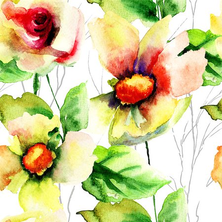 simsearch:400-07245386,k - Seamless wallpaper with wild flowers. Watercolor illustration Stockbilder - Microstock & Abonnement, Bildnummer: 400-07795830