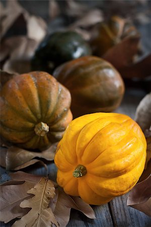 simsearch:400-06391236,k - Decorative small pumpkins on fall leaves and wooden background. Selective focus. Fotografie stock - Microstock e Abbonamento, Codice: 400-07795855