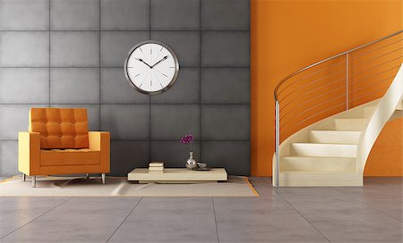 simsearch:400-06396170,k - Modern room with wooden staicase and orange armchair Photographie de stock - Aubaine LD & Abonnement, Code: 400-07796056