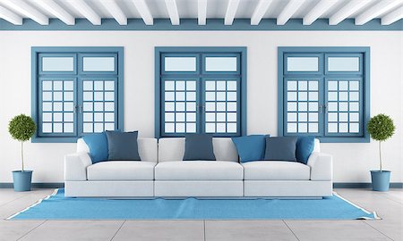 simsearch:400-06797947,k - white and blue living room with modern sofa and three windows Stock Photo - Budget Royalty-Free & Subscription, Code: 400-07796051