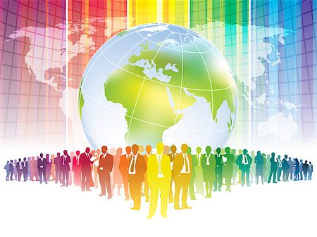 simsearch:400-05294287,k - Colorful businesspeople are standing in front of large world map Stock Photo - Budget Royalty-Free & Subscription, Code: 400-07796197